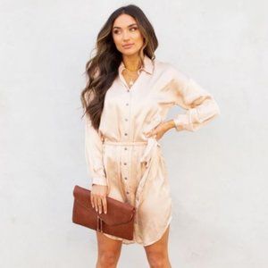SATIN BUTTON DOWN SHIRT DRESS - CHAMPAGNE